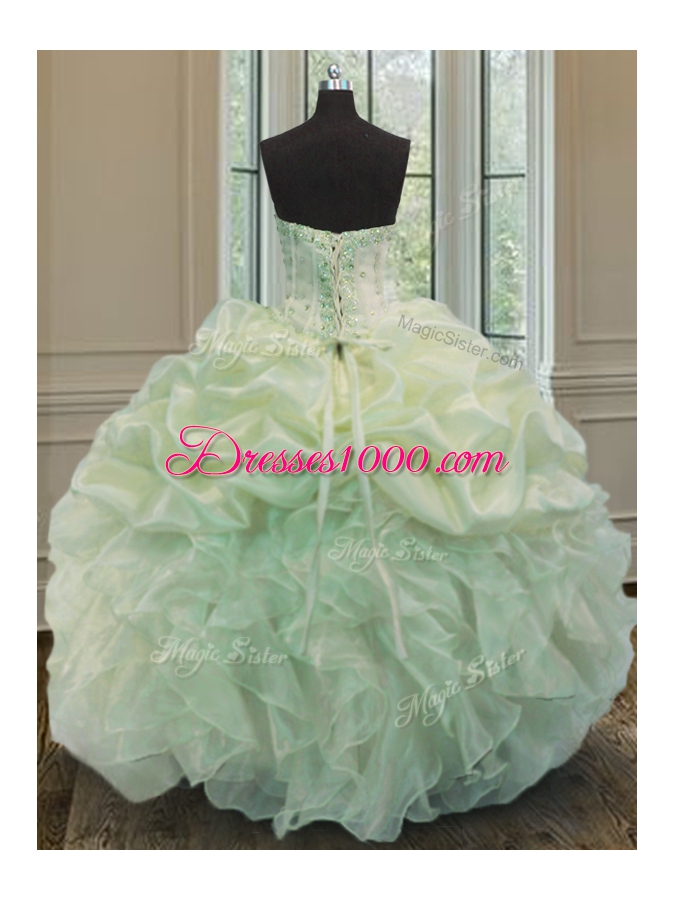 Green Sleeveless Floor Length Beading and Ruffles Lace Up 15 Quinceanera Dress