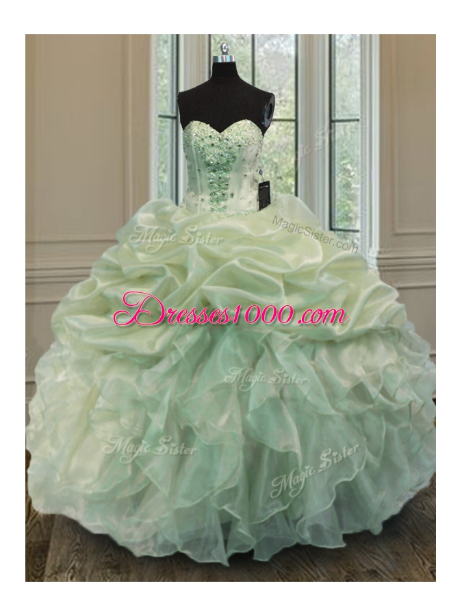 Green Sleeveless Floor Length Beading and Ruffles Lace Up 15 Quinceanera Dress