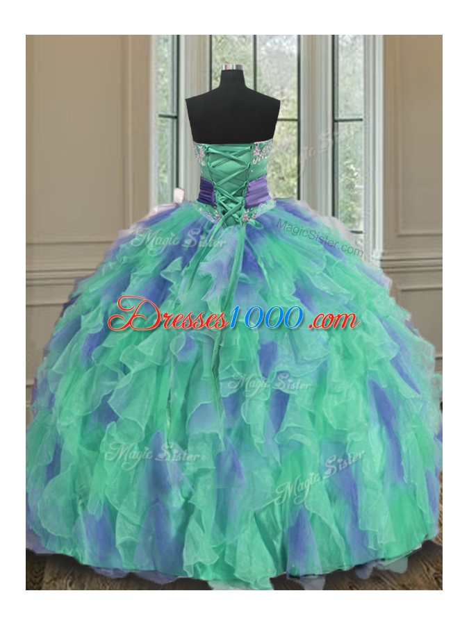 Multi-color Ball Gowns Beading and Appliques and Ruffles and Sashes|ribbons and Hand Made Flower Quinceanera Gown Lace Up Organza Sleeveless Floor Length
