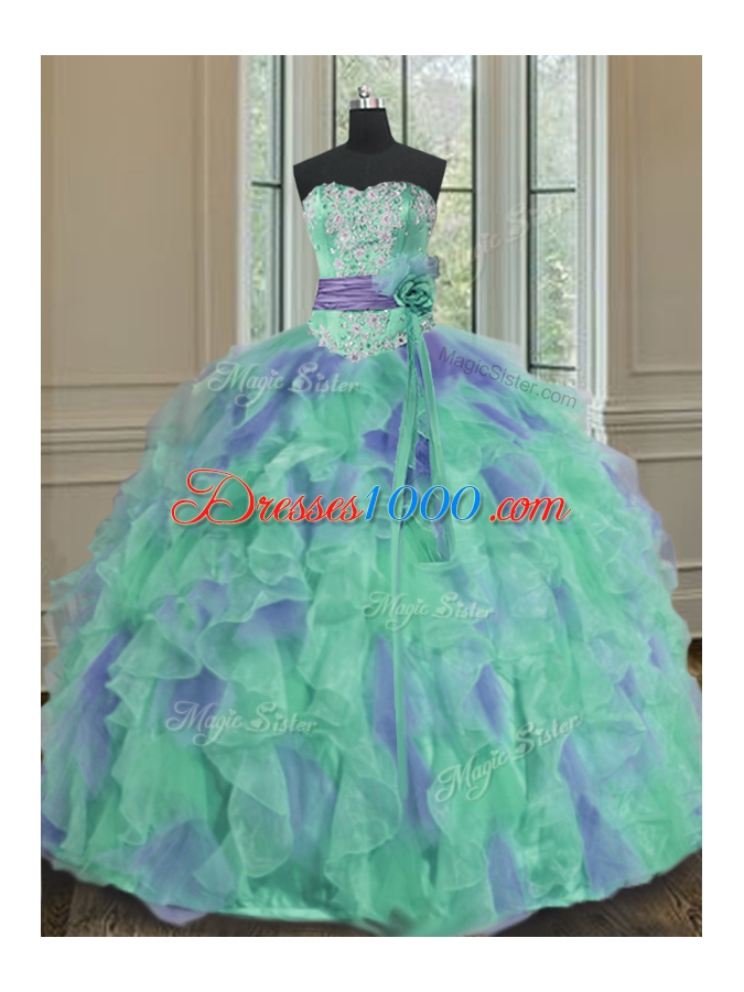 Multi-color Ball Gowns Beading and Appliques and Ruffles and Sashes|ribbons and Hand Made Flower Quinceanera Gown Lace Up Organza Sleeveless Floor Length