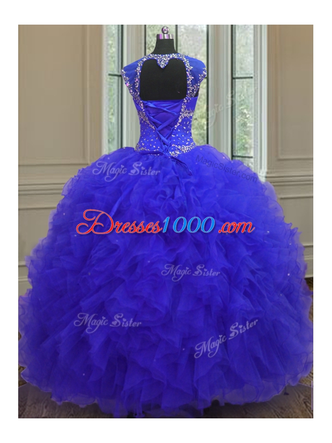 Popular Straps Straps Sequins High Low Ball Gowns Cap Sleeves Blue Quinceanera Dress Lace Up