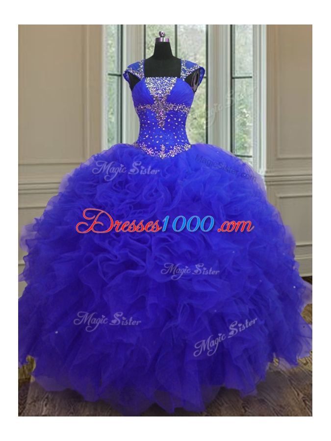 Popular Straps Straps Sequins High Low Ball Gowns Cap Sleeves Blue Quinceanera Dress Lace Up