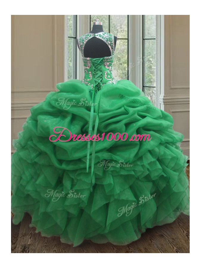 Scoop Fuchsia Sleeveless Beading and Ruffles Floor Length 15th Birthday Dress