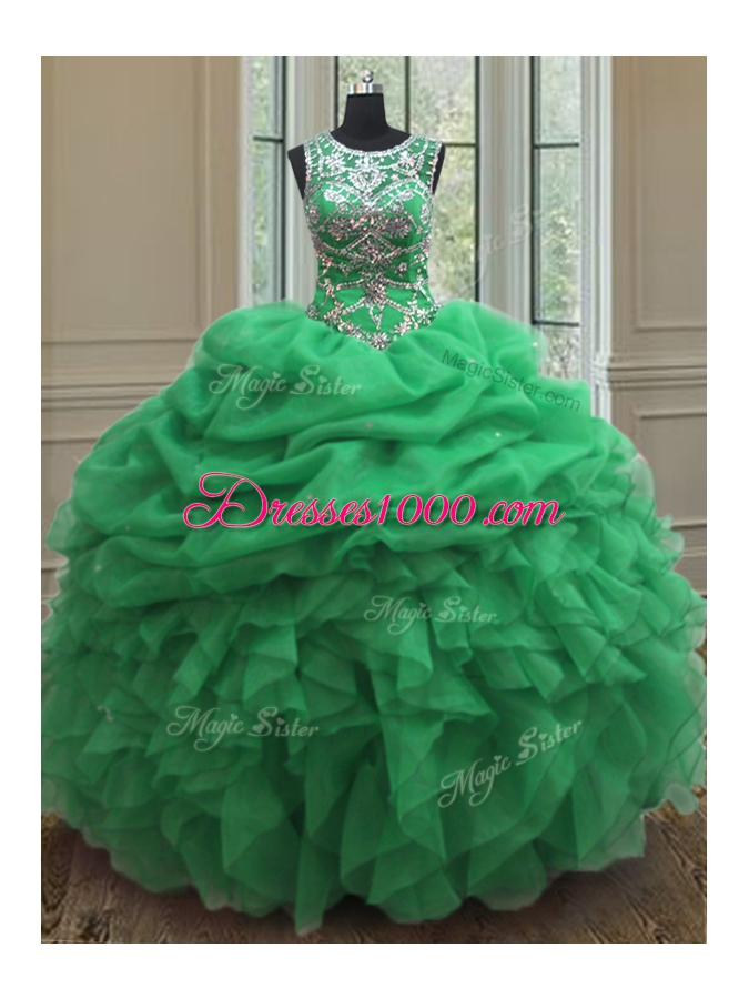 Scoop Fuchsia Sleeveless Beading and Ruffles Floor Length 15th Birthday Dress
