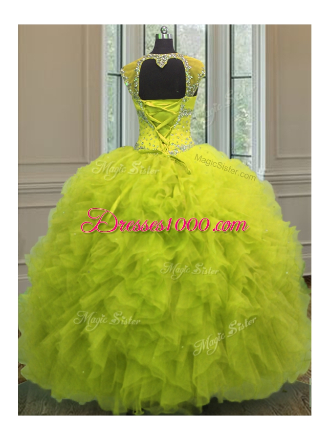 Straps Straps Beading and Ruffles and Sequins Quince Ball Gowns Yellow Green Lace Up Cap Sleeves Floor Length