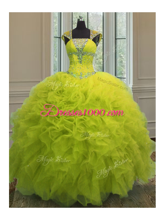 Straps Straps Beading and Ruffles and Sequins Quince Ball Gowns Yellow Green Lace Up Cap Sleeves Floor Length