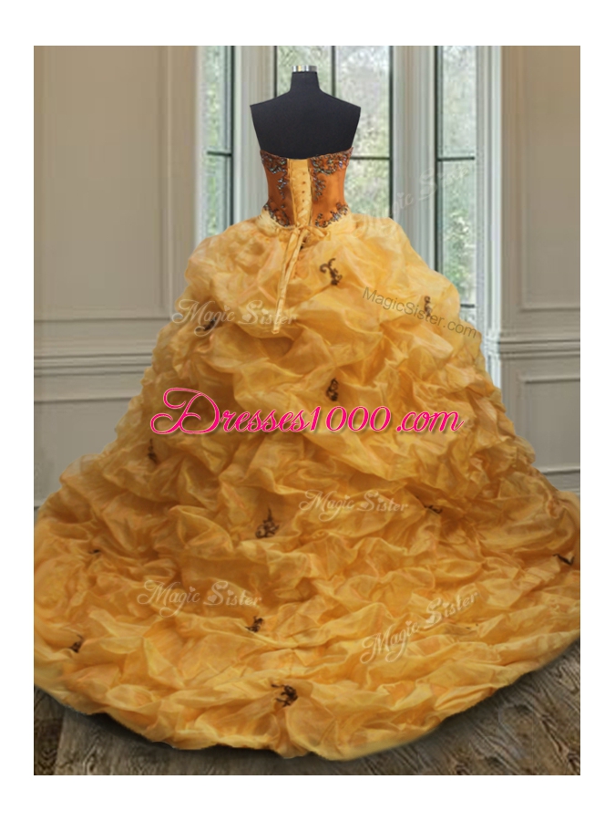 With Train Orange Ball Gown Prom Dress Organza Court Train Sleeveless Beading and Appliques and Pick Ups