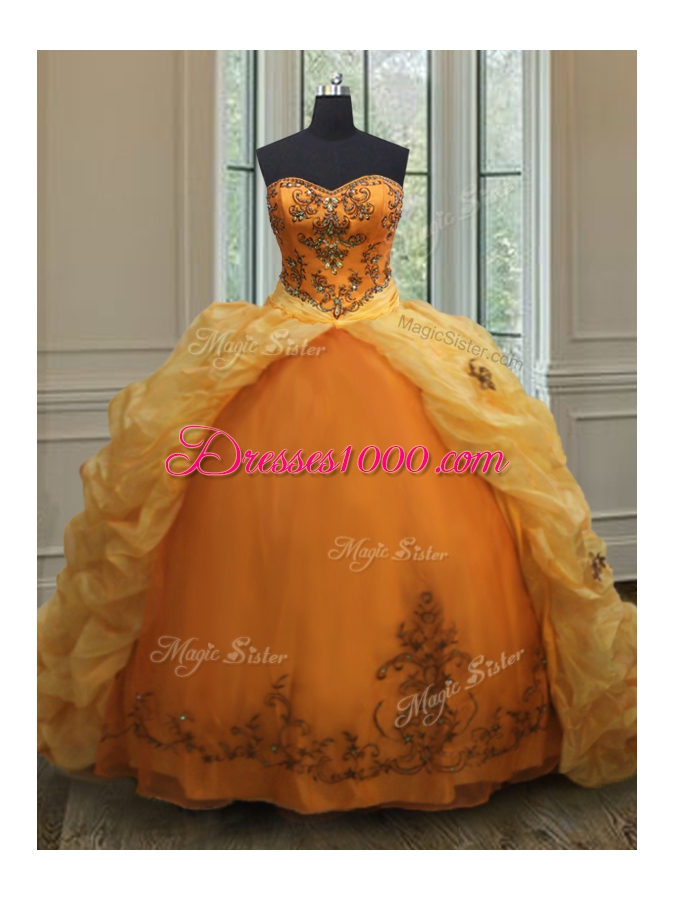 With Train Orange Ball Gown Prom Dress Organza Court Train Sleeveless Beading and Appliques and Pick Ups