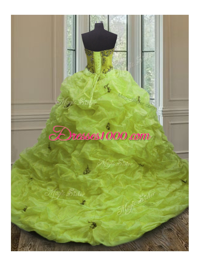 Charming Yellow Green Quinceanera Dresses Military Ball and Sweet 16 and Quinceanera and For with Beading and Appliques and Pick Ups Sweetheart Sleeveless Court Train Lace Up