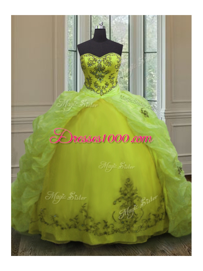 Charming Yellow Green Quinceanera Dresses Military Ball and Sweet 16 and Quinceanera and For with Beading and Appliques and Pick Ups Sweetheart Sleeveless Court Train Lace Up