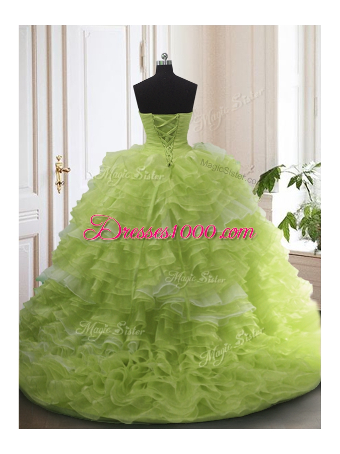 Admirable Yellow Green Organza Lace Up Sweetheart Sleeveless With Train 15th Birthday Dress Sweep Train Beading and Ruffled Layers