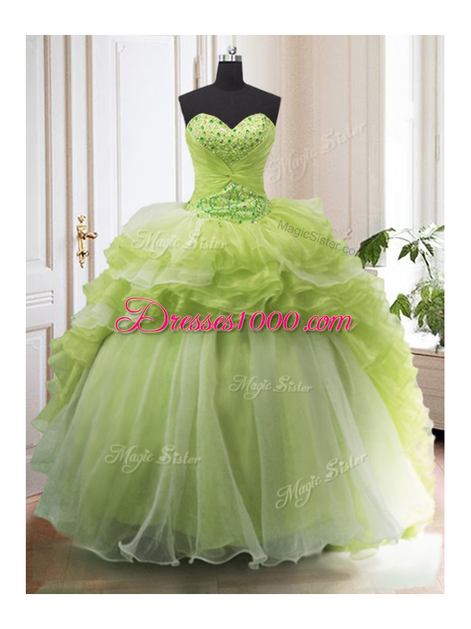 Admirable Yellow Green Organza Lace Up Sweetheart Sleeveless With Train 15th Birthday Dress Sweep Train Beading and Ruffled Layers