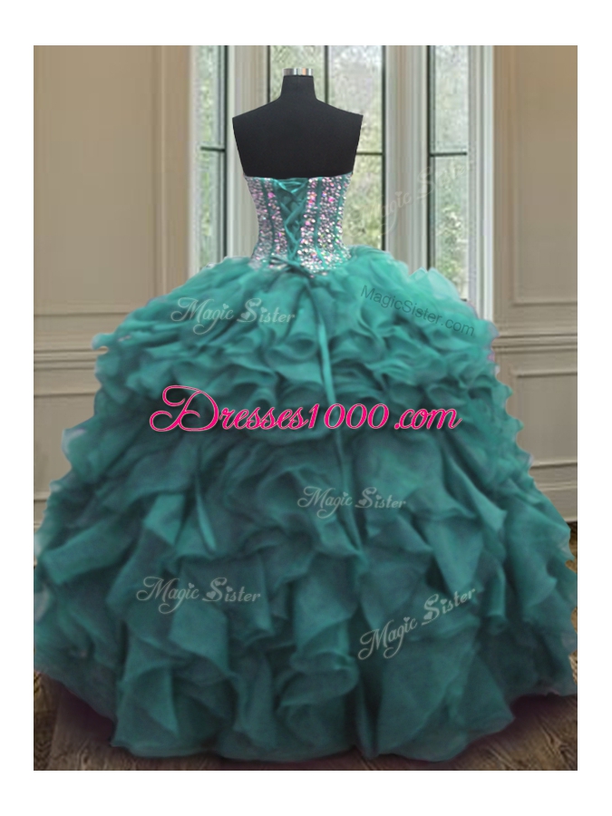 Artistic Turquoise 15 Quinceanera Dress Military Ball and Sweet 16 and Quinceanera and For with Beading and Ruffles Sweetheart Sleeveless Lace Up