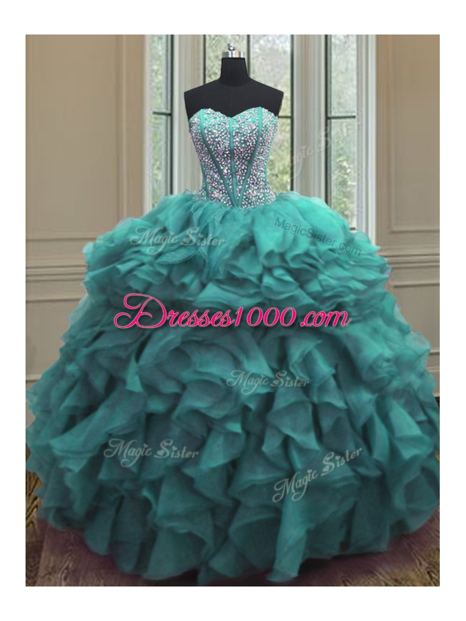 Artistic Turquoise 15 Quinceanera Dress Military Ball and Sweet 16 and Quinceanera and For with Beading and Ruffles Sweetheart Sleeveless Lace Up