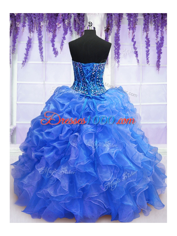 Blue Ball Gowns Beading and Ruffles Sweet 16 Dresses Lace Up Organza Sleeveless Floor Length