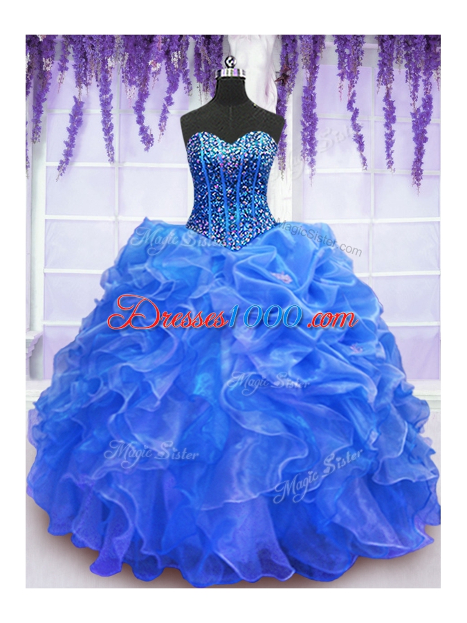 Blue Ball Gowns Beading and Ruffles Sweet 16 Dresses Lace Up Organza Sleeveless Floor Length