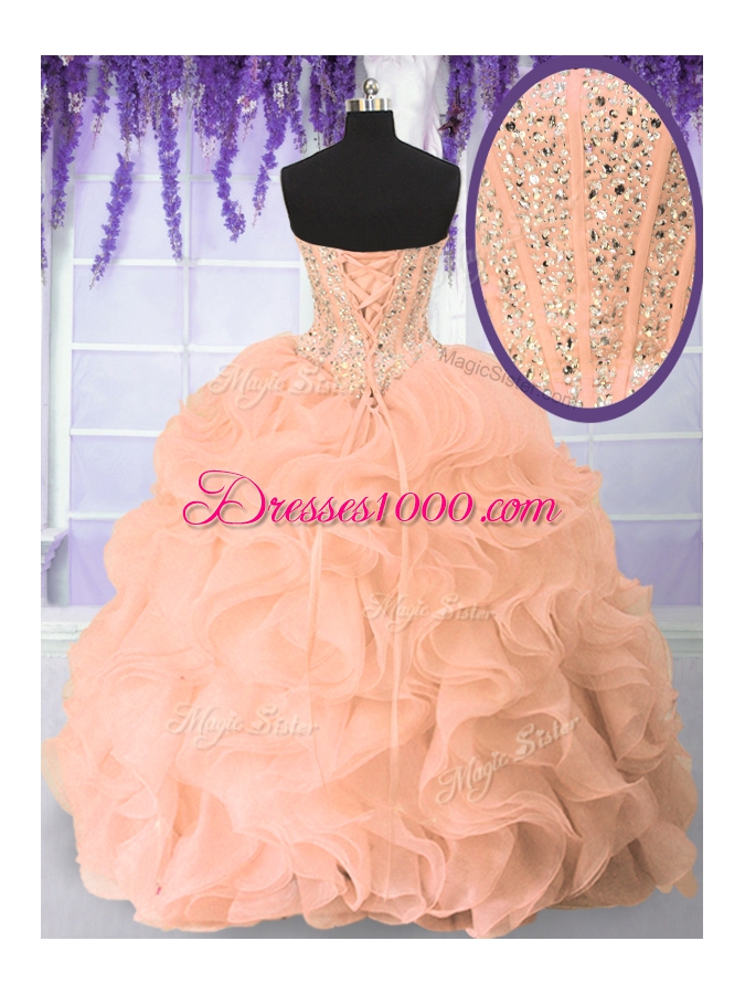 Custom Fit Organza Sleeveless Floor Length Quinceanera Gown and Beading and Ruffles