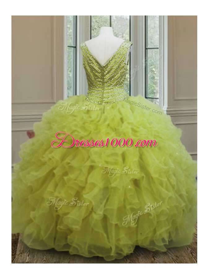 Customized Floor Length Yellow Green Quinceanera Gown V-neck Sleeveless Zipper
