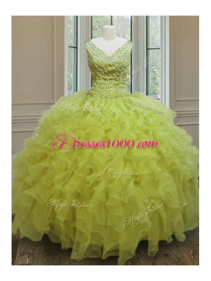Customized Floor Length Yellow Green Quinceanera Gown V-neck Sleeveless Zipper