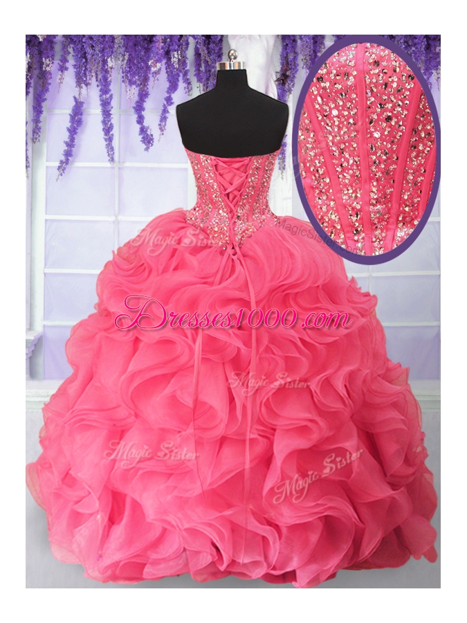 Elegant Rose Pink Organza Lace Up Sweet 16 Quinceanera Dress Sleeveless Floor Length Beading and Ruffles