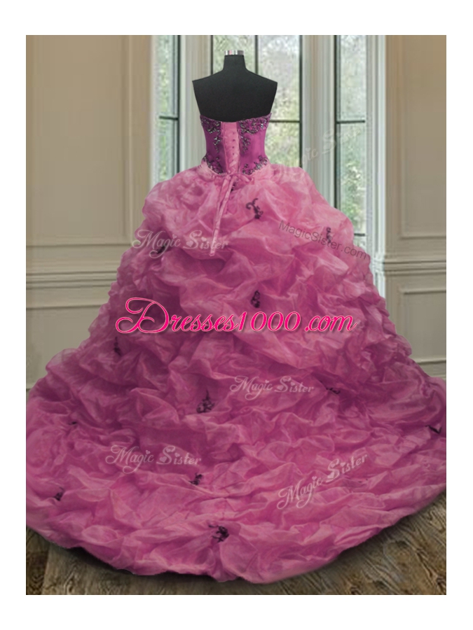 Exceptional Fuchsia Lace Up Sweetheart Beading and Appliques and Pick Ups 15 Quinceanera Dress Organza Sleeveless Court Train