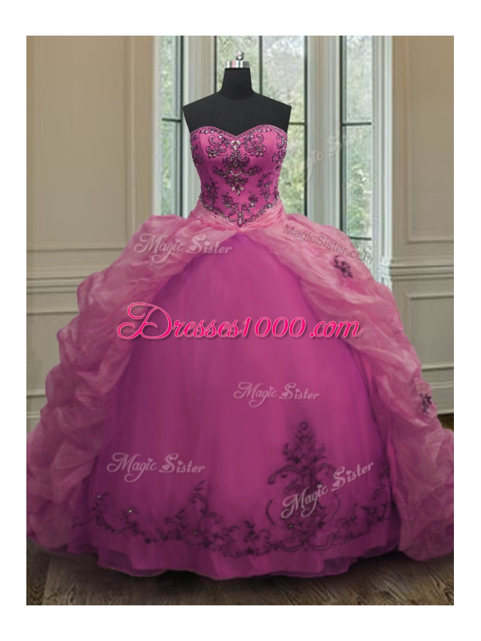 Exceptional Fuchsia Lace Up Sweetheart Beading and Appliques and Pick Ups 15 Quinceanera Dress Organza Sleeveless Court Train