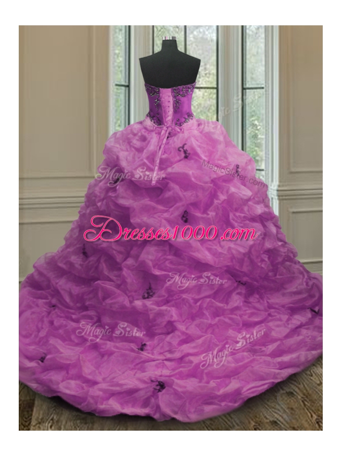 Glittering Fuchsia Ball Gowns Beading and Appliques and Pick Ups Ball Gown Prom Dress Lace Up Organza Sleeveless With Train