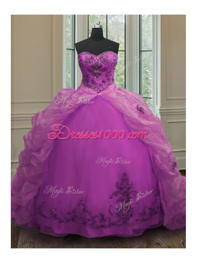Glittering Fuchsia Ball Gowns Beading and Appliques and Pick Ups Ball Gown Prom Dress Lace Up Organza Sleeveless With Train