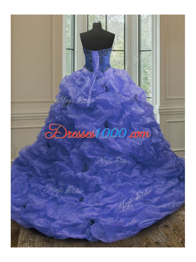 Glorious Pick Ups Court Train Ball Gowns Quinceanera Gowns Blue Sweetheart Organza Sleeveless With Train Lace Up