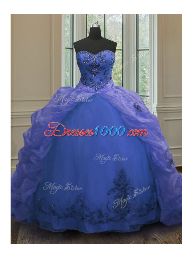 Glorious Pick Ups Court Train Ball Gowns Quinceanera Gowns Blue Sweetheart Organza Sleeveless With Train Lace Up