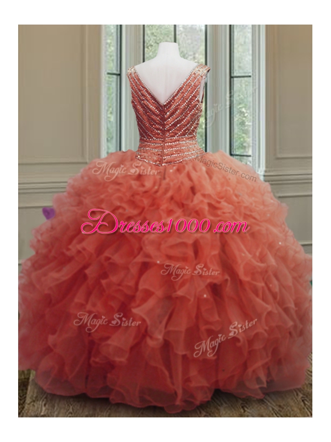 Graceful V-neck Sleeveless Organza 15 Quinceanera Dress Beading and Ruffles Zipper