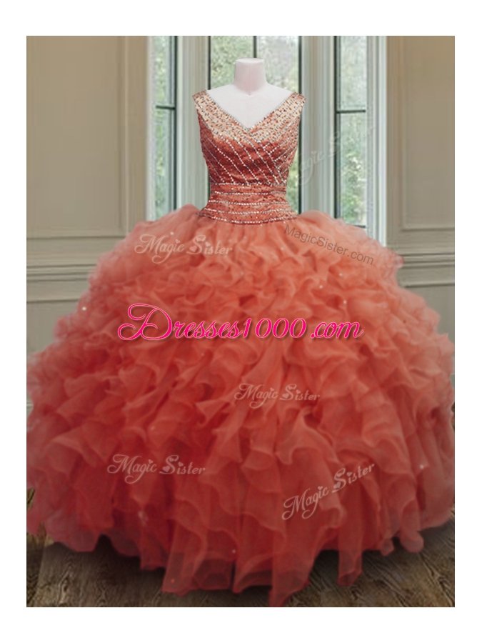 Graceful V-neck Sleeveless Organza 15 Quinceanera Dress Beading and Ruffles Zipper
