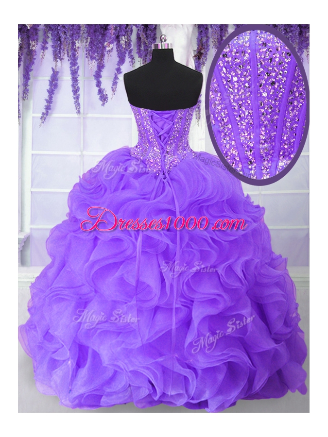 Hot Sale Purple Organza Lace Up Quinceanera Dress Sleeveless Floor Length Beading and Ruffles