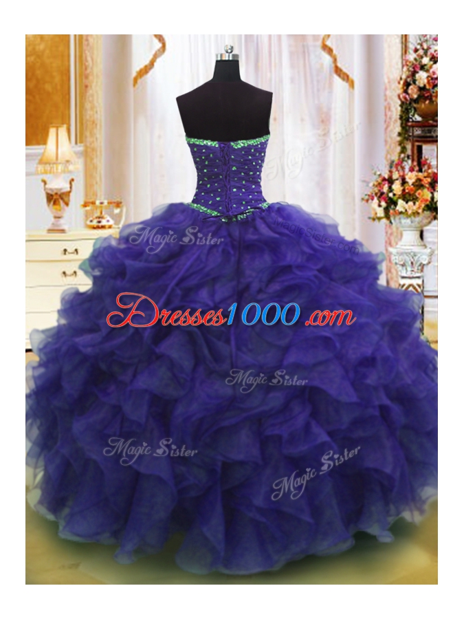 Nice Purple Strapless Lace Up Beading and Ruffles Quinceanera Gowns Sleeveless