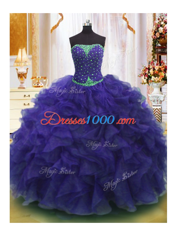 Nice Purple Strapless Lace Up Beading and Ruffles Quinceanera Gowns Sleeveless