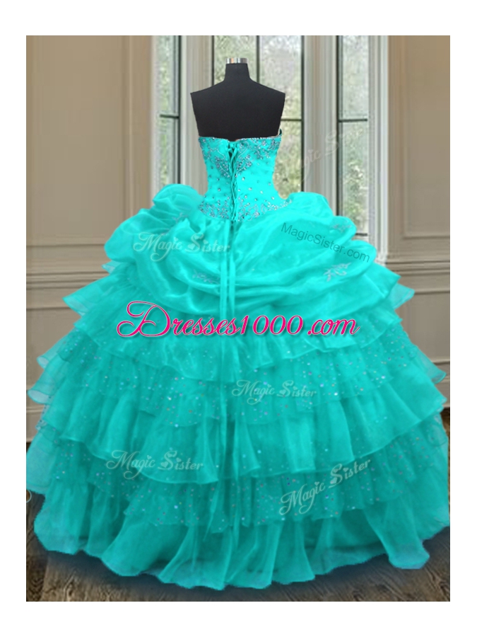 Organza Sweetheart Sleeveless Lace Up Beading and Ruffled Layers and Pick Ups Quinceanera Gowns in Aqua Blue