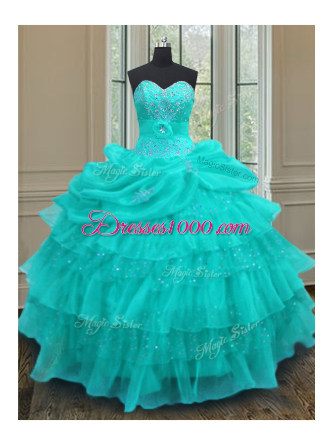 Organza Sweetheart Sleeveless Lace Up Beading and Ruffled Layers and Pick Ups Quinceanera Gowns in Aqua Blue
