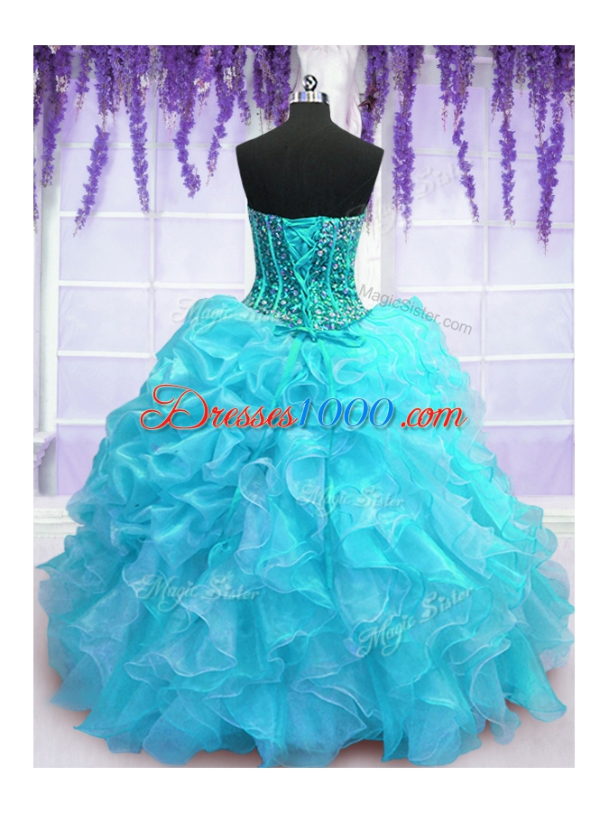 Pick Ups Aqua Blue Sleeveless Organza Lace Up 15th Birthday Dress for Military Ball and Sweet 16 and Quinceanera