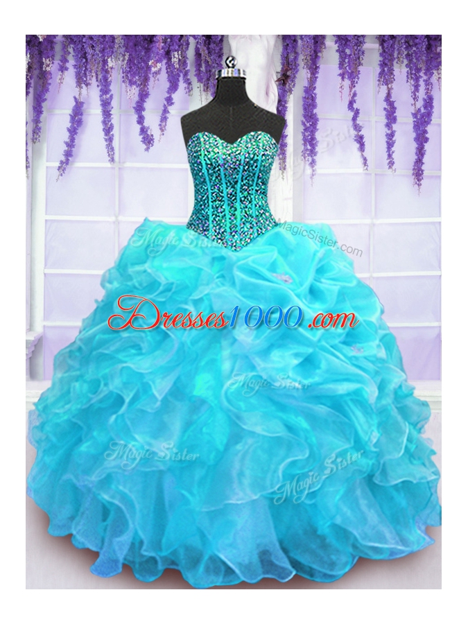 Pick Ups Aqua Blue Sleeveless Organza Lace Up 15th Birthday Dress for Military Ball and Sweet 16 and Quinceanera