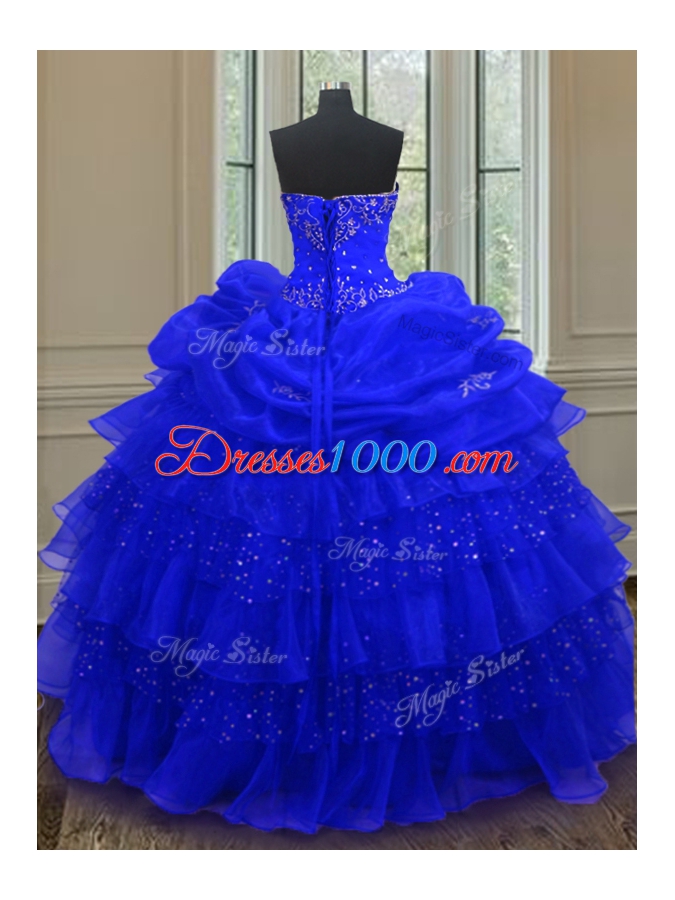 Pick Ups Ruffled Ball Gowns Sweet 16 Quinceanera Dress Royal Blue Sweetheart Organza Sleeveless Floor Length Lace Up