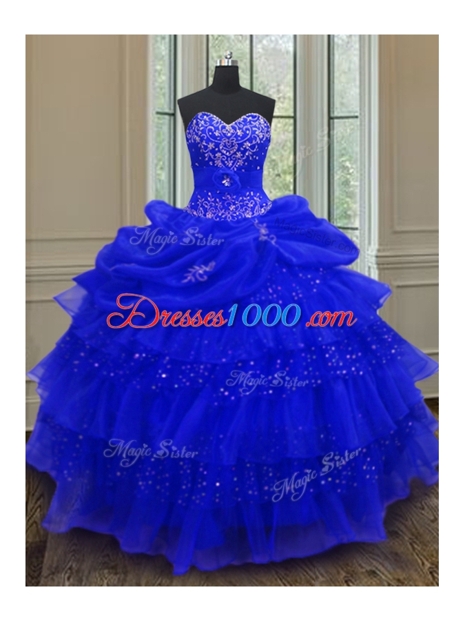 Pick Ups Ruffled Ball Gowns Sweet 16 Quinceanera Dress Royal Blue Sweetheart Organza Sleeveless Floor Length Lace Up