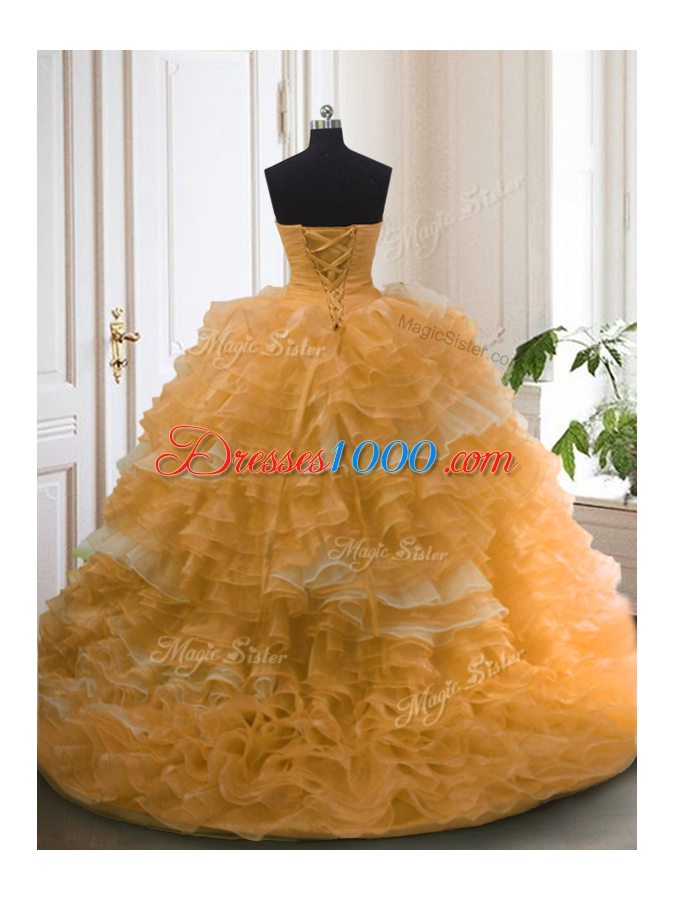 Ruffled Sweep Train Ball Gowns Quinceanera Gown Orange Sweetheart Organza Sleeveless With Train Lace Up