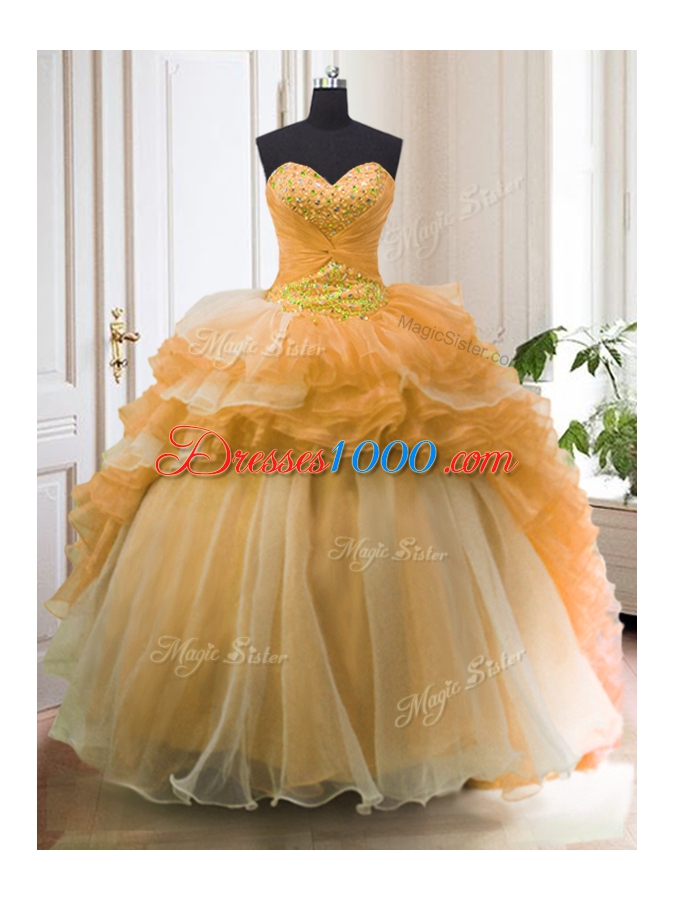 Ruffled Sweep Train Ball Gowns Quinceanera Gown Orange Sweetheart Organza Sleeveless With Train Lace Up