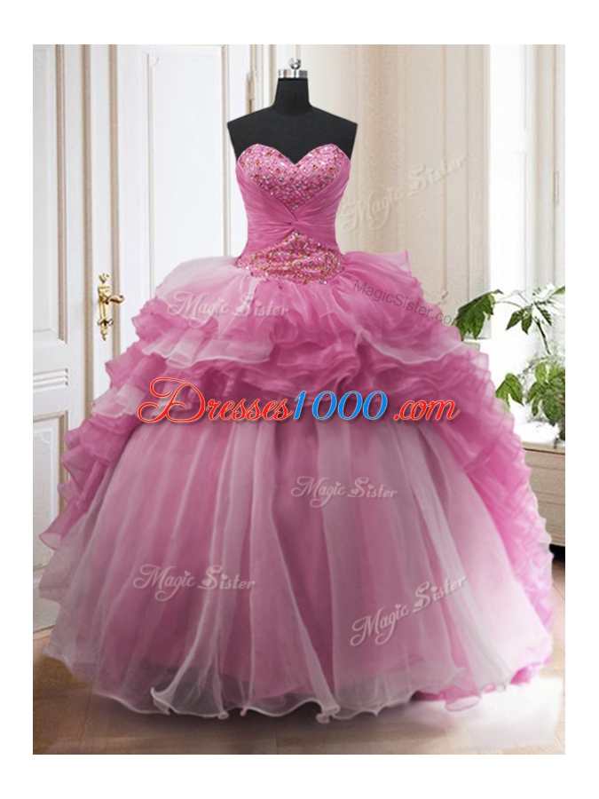 Ruffled With Train Rose Pink Ball Gown Prom Dress Sweetheart Sleeveless Sweep Train Lace Up