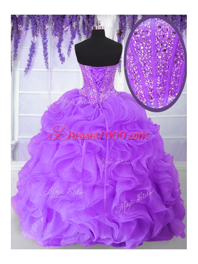 Sweetheart Sleeveless Sweet 16 Quinceanera Dress Floor Length Beading and Ruffles Purple Organza