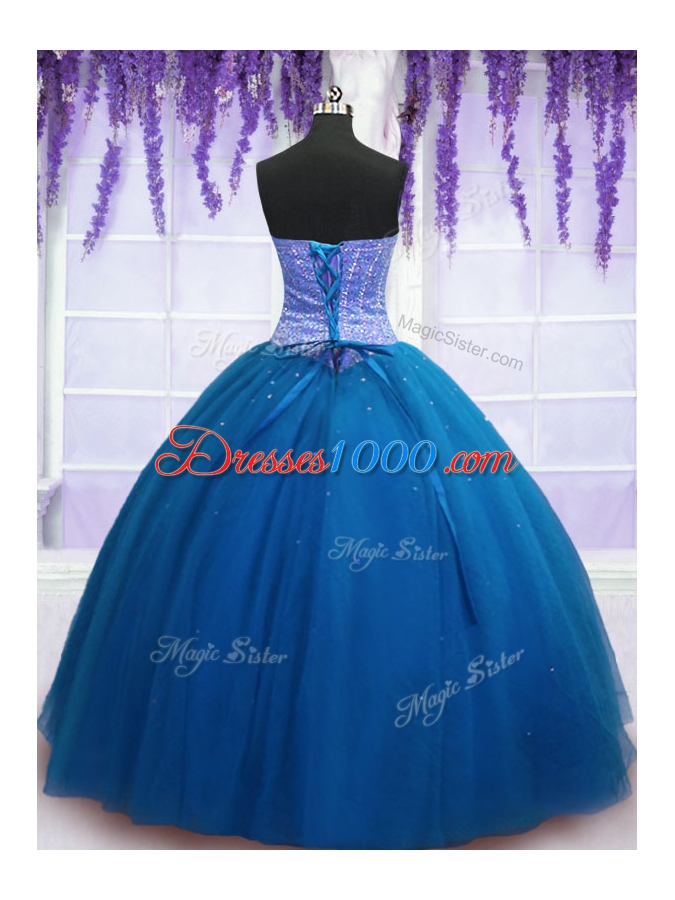 Teal Tulle Lace Up Sweet 16 Quinceanera Dress Sleeveless Floor Length Beading