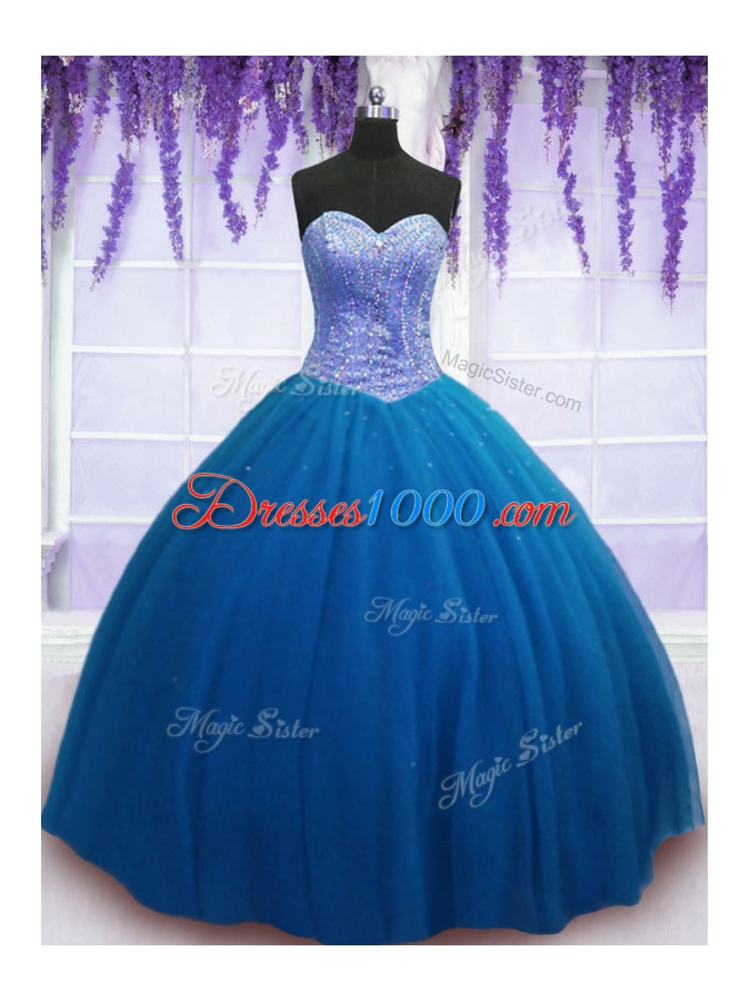 Teal Tulle Lace Up Sweet 16 Quinceanera Dress Sleeveless Floor Length Beading