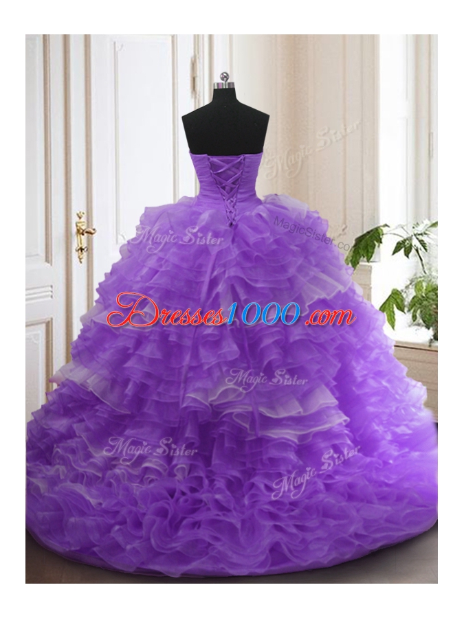 Top Selling Sweetheart Sleeveless 15 Quinceanera Dress With Train Sweep Train Beading and Ruffled Layers Lavender Organza