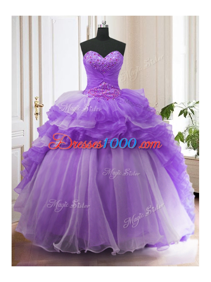 Top Selling Sweetheart Sleeveless 15 Quinceanera Dress With Train Sweep Train Beading and Ruffled Layers Lavender Organza