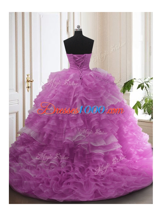 Unique Lilac Organza Lace Up Quinceanera Dress Sleeveless With Train Sweep Train Beading and Ruffled Layers
